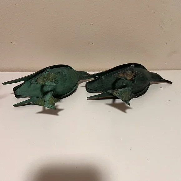 Vintage Pair Bronze Shorebird Figurines Green Verdigris Patina Coastal Decor MCM - Picture 7 of 9